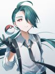  1girl bangs black_necktie bright_pupils buttons collared_shirt commentary_request earrings floating_hair green_hair hair_over_one_eye highres jewelry long_hair looking_at_viewer murumuru_(pixiv51689952) necktie parted_lips poke_ball poke_ball_(basic) pokemon pokemon_(game) pokemon_sv red_eyes rika_(pokemon) shirt solo stud_earrings suspenders upper_body white_pupils 