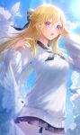  1girl absurdres bangs bird blonde_hair blue_sky blush bow braid clouds cloudy_sky commentary dove hair_between_eyes hair_bow highres iro_(iro_252_) long_hair long_sleeves looking_at_viewer open_mouth original outdoors school_uniform serafuku skirt sky solo sunlight violet_eyes 