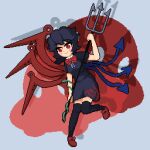  1girl :3 asymmetrical_wings black_dress black_hair black_thighhighs blue_wings bow closed_mouth dress english_commentary fds_ty footwear_bow full_body houjuu_nue looking_at_viewer pixel_art polearm red_eyes red_footwear red_wings short_hair smile snake_armband solo thigh-highs touhou trident ufo weapon wings 