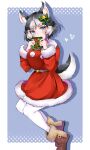 alternate_costume animal_ears black_hair blue_eyes blush boots bow brown_footwear christmas_present commentary_request dog_ears dog_girl dog_tail dress fur_trim gift green_bow hair_bow highres kemono_friends kemono_friends_3 long_sleeves looking_at_viewer multicolored_hair pantyhose red_dress santa_costume short_hair siberian_husky_(kemono_friends) tail two-tone_hair white_fur white_hair white_pantyhose yuanagae 