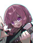  1girl bangs bass_guitar black_bow black_nails blush bocchi_the_rock! bow braid chromatic_aberration hair_bow hair_over_shoulder highres hiroi_kikuri holding holding_instrument instrument jacket long_hair long_sleeves looking_at_viewer open_clothes open_jacket open_mouth purple_hair sharp_teeth simple_background single_braid smile solo teeth umi_painter upper_body violet_eyes white_background 