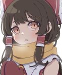  1girl absurdres ascot blush bow brown_eyes brown_hair hair_bow hair_tubes hakurei_reimu highres japanese_clothes kame_(kamepan44231) long_hair mittens nontraditional_miko one-hour_drawing_challenge open_mouth portrait red_bow red_mittens scarf sidelocks simple_background solo touhou white_background yellow_ascot yellow_scarf 