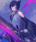 1boy angry animal_ears claws feathers goggles goggles_around_neck harpy harpy_boy haru_tori_(vtuber) highres holding holding_sword holding_weapon indie_virtual_youtuber knife looking_down monster_boy monster_girl purple_hair shionty short_hair simple_background sword vest violet_eyes weapon wings 