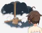  1girl ahoge bare_shoulders black_hair capybara hair_bun hair_flaps hair_ornament kantai_collection naked_towel onsen parody saiguchi_otoufu shigure_(kancolle) shigure_kai_ni_(kancolle) steam towel towel_on_head 