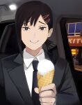  1girl absurdres bangs bing_chilling_(meme) black_hair black_jacket black_necktie car_interior chainsaw_man collared_shirt formal higashiyama_kobeni highres jacket looking_at_viewer medium_hair meme mole mole_under_eye mole_under_mouth multiple_moles necktie shirt short_ponytail single_sidelock smile solo suit white_shirt xyanaid 