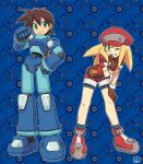  1boy 1girl android armor belt bike_shorts bike_shorts_under_shorts blonde_hair blue_armor boots brown_gloves brown_hair cabbie_hat commentary_request finger_to_mouth full_body gloves green_eyes grin hat highres index_finger_raised jumpsuit long_hair looking_at_viewer mega_man_(series) mega_man_legends mega_man_volnutt muu_(mumumer) one_eye_closed patterned_background red_footwear red_jumpsuit red_shorts roll_caskett_(mega_man) shorts smile 
