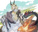  1girl arknights bag blonde_hair briefcase coat dragon_girl dragon_horns dragon_tail dress echj fiery_tail flame-tipped_tail flower hair_flower hair_ornament highres horns infection_monitor_(arknights) knees_up light_in_heart long_hair open_clothes open_coat reed_(arknights) reed_the_flame_shadow_(arknights) sitting smile tail white_dress yellow_eyes 
