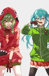  2girls \m/ black_thighhighs blue_eyes blue_hair brown_gloves commentary cowboy_shot facial_mark gloves green_hair green_jacket green_skirt gumi hatsune_miku headphones highres jacket karasu_btk long_hair matryoshka_(vocaloid) matryoshka_doll mouth_pull multiple_girls open_mouth pleated_skirt red_eyes red_jacket red_skirt short_hair simple_background skirt thigh-highs tongue tongue_out twintails vocaloid w white_background 