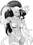  abs absurdres animal_ears bare_shoulders biceps breasts cat_ears cat_girl cat_tail cleavage_cutout clothing_cutout collarbone deltoids felicia_(vampire) fingernails fur-trimmed_gloves fur_trim gloves greyscale highres inner_senshi large_breasts long_hair looking_at_viewer monochrome muscular muscular_female naughty_face ponytail quads sharp_fingernails speedl00ver tail under_boob vampire_(game) 