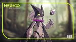  black_thighhighs blurry blurry_background claws cowboy_shot day depth_of_field forest green_eyes hand_up highres jchoy looking_at_viewer mechanization meowscarada nature no_humans outdoors pokemon pokemon_(creature) robot solo standing thigh-highs 