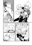  &gt;_&lt; 1boy 1girl @_@ ahoge blush braid carrying futa_(nabezoko) glasses greyscale highres kirisame_marisa long_hair looking_to_the_side monochrome morichika_rinnosuke no_shoes pushing_away short_hair side_braid touhou translation_request 