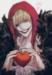  1boy absurdres binonep blonde_hair devil_fruit donquixote_rocinante fur_coat head_tilt heart highres holding hood hood_up long_sleeves looking_at_viewer makeup male_focus one_eye_closed one_piece shirt short_hair smile solo upper_body 