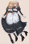  2girls :o absurdres blonde_hair character_request fith gloves heart highres holding holding_clothes holding_skirt long_hair long_sleeves maid maid_headdress multiple_girls nama open_mouth orange_hair overlord_(maruyama) red_eyes short_hair skirt smile teeth thigh-highs upper_teeth white_gloves 