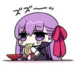  1girl ai_drawing_anime_characters_eating_ramen_(meme) bb_(fate) blush_stickers bowl breasts chan_co chibi commentary eating fate/extra fate_(series) food gloves hair_ribbon long_hair meme noodles pink_ribbon purple_hair ramen ribbon simple_background solo violet_eyes white_background white_gloves 