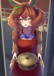  1girl absurdres animal_ears apron blush brown_eyes commentary_request cooking_pot door hair_between_eyes hair_ornament highres holding holding_cooking_pot horse_ears horse_girl looking_at_viewer medium_hair nice_nature_(umamusume) open_mouth pov red_apron redhead sashimi0gou school_uniform solo twintails umamusume 