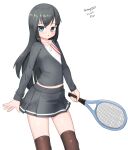  1girl absurdres alternate_costume asashio_(kancolle) black_hair black_thighhighs blue_eyes dated grey_shirt grey_skirt highres kantai_collection long_hair maru_(marg0613) one-hour_drawing_challenge pleated_skirt racket shirt simple_background skirt solo standing striped striped_shirt tennis_racket thigh-highs twitter_username white_background 