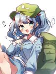  1girl :d backpack bag blue_eyes blue_hair blue_shirt blue_skirt flat_cap green_headwear hair_bobbles hair_ornament hand_on_own_chest hat highres kawashiro_nitori key long_sleeves looking_at_viewer moshihimechan open_mouth shirt simple_background skirt smile solo touhou two_side_up upper_body white_background 