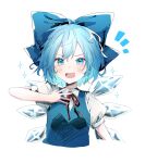  1girl :d blue_bow blue_eyes blue_hair bow cirno cropped_torso detached_wings furawast hair_bow highres ice ice_wings looking_at_viewer open_mouth short_hair short_sleeves simple_background smile solo star_(symbol) touhou upper_body white_background wings 