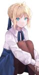  1girl :/ absurdres ahoge artoria_pendragon_(fate) bangs blonde_hair blue_ribbon blue_skirt braid brown_pantyhose closed_mouth e_name fate/stay_night fate_(series) feet_out_of_frame green_eyes hair_ribbon highres knees_up long_sleeves neck_ribbon pantyhose ribbon saber shiny shiny_hair shirt shirt_tucked_in short_hair simple_background sitting skirt solo white_background white_shirt 