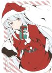  1girl brown_eyes capelet commentary_request cowboy_shot dress fur-trimmed_capelet fur-trimmed_dress fur_trim gift gloves hat highres kantai_collection long_hair looking_at_viewer red_capelet red_dress red_headwear sack santa_dress santa_hat shoukaku_(kancolle) solo striped striped_background taira_yuuki white_gloves white_hair 