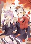  2girls absurdres animal_ears arm_support autumn autumn_leaves bangs baozi bench black_coat blunt_bangs blush breasts bright_pupils coat commentary_request ear_covers falling_leaves food foot_out_of_frame gloves gloves_removed gold_ship_(umamusume) grey_hair grin hands_up highres horse_ears horse_tail large_breasts leaf looking_at_another maple_leaf mejiro_mcqueen_(umamusume) multiple_girls open_mouth petticoat pink_eyes pleated_skirt purple_hair red_gloves red_scarf revision scarf sitting skirt smile steam tail teeth thigh-highs tree umamusume usukawa_(uskw_sr) v-shaped_eyebrows violet_eyes white_pupils white_thighhighs 
