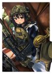 1boy 1girl assault_rifle border brown_eyes brown_hair english_text expressionless gloves green_gloves gun headset helmet highres hk416 holding holding_weapon maid military_helmet open_mouth original plate_carrier pointing pov rifle shotgun spas-12 tactical_clothes timmyyen weapon white_border