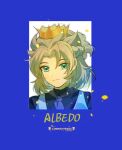  1boy absurdres albedo_(genshin_impact) aqua_eyes black_shirt blue_background braid character_name closed_mouth crown genshin_impact grey_hair hair_between_eyes highres male_focus necktie shirt short_hair smile solo suzushi 