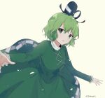  1girl bangs black_headwear cross-laced_clothes green_eyes green_hair hat highres kalmeyaki long_sleeves looking_at_viewer ofuda ofuda_on_clothes one-hour_drawing_challenge parted_lips short_hair simple_background soga_no_tojiko solo tate_eboshi touhou white_background 