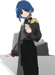  1girl alternate_costume bangs black_shirt black_skirt blue_hair bocchi_the_rock! closed_mouth collared_shirt hejingming highres holding long_sleeves looking_at_object pleated_skirt shirt shirt_tucked_in short_hair skirt solo standing yamada_ryou yellow_eyes 