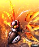  +_+ assassin_silver commentary_request fire glowing glowing_eyes highres horns iron_moth no_humans pokemon pokemon_(creature) shiny solo watermark yellow_eyes 