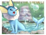  :d blurry blurry_background border bubble commentary_request highres no_humans open_mouth pokemon pokemon_(creature) poket_mkrn signature smile solo tongue vaporeon water wet white_border 
