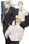  1boy back blonde_hair collared_shirt commentary feet_out_of_frame formal hands_in_pocket highres id_card jujutsu_kaisen lanyard looking_at_viewer male_focus mouth_hold nanami_kento necktie pants pinstripe_jacket pinstripe_pants pinstripe_pattern pinstripe_suit rain red_necktie shirt short_hair solo ssss7777_7 standing striped suit symbol-only_commentary undercut wet wet_clothes wet_shirt white_shirt 