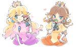  2girls blonde_hair blue_eyes brown_hair character_doll closed_mouth covering_mouth crown doll dress earrings flower_earrings gloves heart highres jewelry long_hair luigi mario multiple_girls one_eye_closed pink_dress princess_daisy princess_peach smile super_mario_bros. tagme ukata white_gloves yellow_dress 