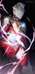 1boy 2022 absurdres alien artist_name clenched_hand cowboy_shot doran_(doran7280) highres looking_up male_focus night orb science_fiction solo space standing ultra_series ultraman_z ultraman_z_(series) white_eyes