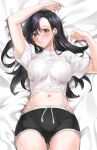  1girl bed_sheet black_eyes black_hair black_shorts blush breasts commentary commission cowboy_shot crop_top english_commentary highres large_breasts long_hair looking_at_viewer lying midriff navel on_back original parted_lips pukku shirt shorts smile solo white_shirt 