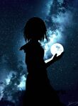  1girl absurdres full_moon hand_up highres milky_way moon night night_sky original outdoors scenery short_hair signature silhouette sky skyrick9413 solo star_(sky) starry_sky 