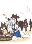  &gt;o&lt; 5girls akagi-chan_(azur_lane) amagi-chan_(azur_lane) amagi_(azur_lane) animal_ears annoyed azur_lane bare_shoulders bell black_kimono black_thighhighs blue_skirt blush brown_hair cleavage_cutout clothing_cutout eyeshadow facing_viewer fox_ears fox_girl fox_tail frown hair_bell hair_ornament hairclip happy highres japanese_clothes jumping kaga_(azur_lane) kimono kitsune kneeling leaning_on_person long_hair long_sleeves looking_at_another makeup medium_hair multiple_girls multiple_tails oukama outdoors red_skirt sandals skirt tail thigh-highs tiptoes twintails very_long_hair washing white_hair white_kimono white_thighhighs wide_sleeves 