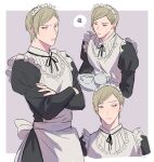  1boy absurdres apron blonde_hair brown_eyes crossdressing crossed_arms cup highres holding holding_tray jujutsu_kaisen looking_at_viewer lovemycat18 maid maid_headdress male_focus nanami_kento short_hair solo standing teacup teapot tray upper_body white_apron 