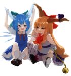  2girls :d absurdres bangs black_footwear blue_bow blue_dress blue_eyes blue_hair bow bowtie brown_eyes brown_horns chain cirno closed_mouth collared_shirt commentary_request dress fang fang_out flat_chest full_body hair_bow hand_on_own_cheek hand_on_own_face highres horn_bow horn_ornament horns ibuki_suika ice ice_horns ice_wings long_hair looking_at_another low-tied_long_hair mikan_(manmarumikan) multiple_girls open_mouth orange_hair orb pinafore_dress purple_bow purple_skirt red_bow red_bowtie shirt shoes short_hair sidelocks simple_background sitting skirt sleeveless sleeveless_shirt smile socks touhou very_long_hair white_background white_shirt wings wrist_cuffs 