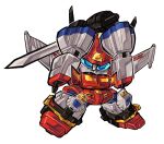  autobot blue_eyes chibi commission english_commentary head_tilt highres holding holding_sword holding_weapon looking_at_viewer mecha mechanical_wings no_humans pillar_buster robot science_fiction simple_background solo star_saber_(transformers) sword transformers transformers_victory two-handed weapon wings 