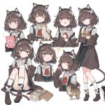 ? animal_ears bangs black_skirt book brown_footwear brown_hair brown_jacket cat cat_ears character_request collared_shirt copyright_request curly_hair first_aid_kit flower frown full_body grey_eyes hair_flower hair_ornament head_tilt highres holding holding_book jacket long_sleeves looking_at_viewer mane multiple_views open_mouth satou_(3366_s) shirt simple_background sitting skirt smile socks standing upper_body white_background white_flower white_shirt white_socks 