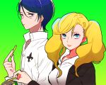  1boy 1girl black_jacket blonde_hair blue_eyes blue_hair chips_(food) couple food green_background jacket jnsn kitagawa_yuusuke looking_at_viewer persona persona_5 shirt short_twintails simple_background takamaki_anne twintails white_shirt 