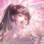  1girl animal_ears bird braid brown_hair cherry_blossoms collar douluo_dalu dress falling_petals head_tilt index_finger_raised looking_up metal_collar open_mouth petals pink_dress pink_eyes ponytail rabbit_ears solo xiang_chenshui_yu_milu_shenlin xiao_wu_(douluo_dalu) 