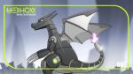  blurry blurry_background character_name charizard claws depth_of_field fire flame-tipped_tail from_side green_eyes grey_wings highres jchoy mechanical_wings mechanization no_humans pink_fire pokemon pokemon_(creature) profile robot solo wings 