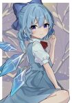  1girl absurdres ascot blue_dress blue_eyes blue_hair blush cirno dress highres ice ice_wings looking_at_viewer necono_(nyu6poko) puffy_short_sleeves puffy_sleeves red_ribbon ribbon short_sleeves smile snow solo touhou wings 