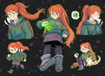  1boy 1girl 1other atticus_(infinity_train) backpack bag black_background black_eyes black_pantyhose blush boots brown_hair catfish_(pixiv_28197383) clenched_hand glasses green_jacket grey_footwear highres infinity_train jacket long_hair multiple_views one-one_(infinity_train) pantyhose ponytail sitting skirt spoken_squiggle squiggle star_(symbol) sweatdrop tulip_olsen zipper 