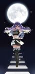  1girl absurdres belt black_nails black_shorts boots breasts colored_inner_hair crop_top floating_stairs full_moon hand_on_hip highres hololive hololive_indonesia jacket large_breasts long_hair midriff moon moona_hoshinova multicolored_hair navel night purple_hair rem_moon shorts starry_hair thigh_boots twitter_username violet_eyes virtual_youtuber white_jacket 