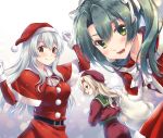  3girls belt black_belt blonde_hair blue_eyes breasts brown_eyes capelet dark_green_hair dress fur-trimmed_capelet fur-trimmed_headwear fur-trimmed_sleeves fur_trim gloves green_eyes hat hornet_(kancolle) kantai_collection long_hair long_sleeves medium_breasts minakami_nagara multiple_girls official_alternate_costume red_capelet red_dress red_headwear santa_dress santa_hat shoukaku_(kancolle) smile twintails white_gloves white_hair zuikaku_(kancolle) 