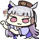  1girl :3 animal_ears bangs blunt_bangs bow bowtie from_side gold_ship_(umamusume) grey_hair horse_ears horse_girl horseshoe_ornament jazz_jack long_hair looking_at_viewer lowres photo-referenced pillbox_hat puffy_short_sleeves puffy_sleeves purple_bow purple_bowtie purple_serafuku purple_shirt sailor_collar sailor_shirt school_uniform serafuku shirt short_sleeves signature simple_background skirt solo standing tracen_school_uniform umamusume upper_body violet_eyes white_background white_skirt 