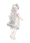  1girl absurdres antenna_hair bare_shoulders barefoot blue_eyes dress full_body hair_between_eyes hand_on_own_arm highres leon_v long_hair looking_at_viewer looking_back original simple_background sketch sleeveless sleeveless_dress solo wavy_hair white_background white_dress white_hair 
